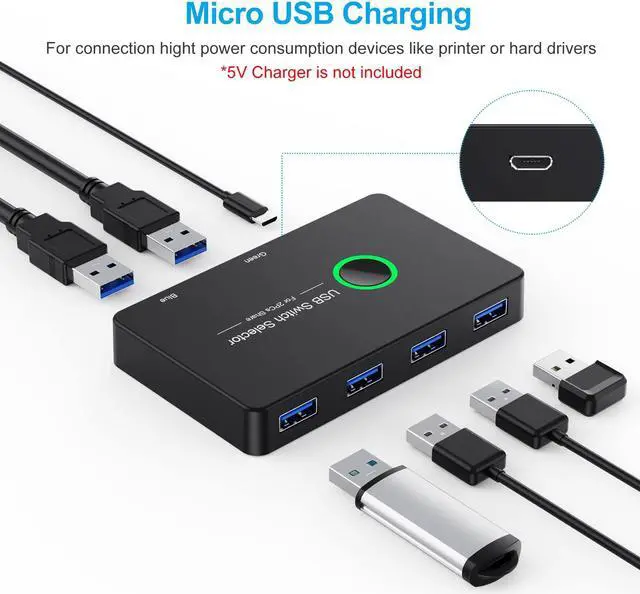 Alt view image 4 of 7 - 2025 Updated USB 3.0 Switch, USB KVM Switcher 2 Computers Share 4 USB for PC Mouse Keyboard Printer Scanner, USB KVM Switch Selector Compatible with Windows, Mac, Linux, W/ USB C to USB Adapter