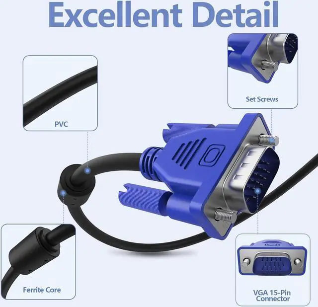 Alt view image 4 of 7 - Bailink VGA to VGA Video Cable 6 feet/1.8m, 15 pin 1080P Full HD Male to Male Monitor Cable for Computer PC Laptops TV Projectors to Monitor Screen Projector with VGA Plug Port