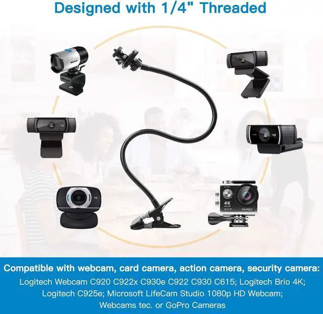 Alt view image 2 of 7 - Bailink 25 Inch Webcam Stand, Flexible Desk Mount Clamp Gooseneck Stand compatible with Logitech Webcam C960 C930e C930 C920 C920S C922x C922 Brio 4K 360 Go pro and Other Devices with 1/4" Thread