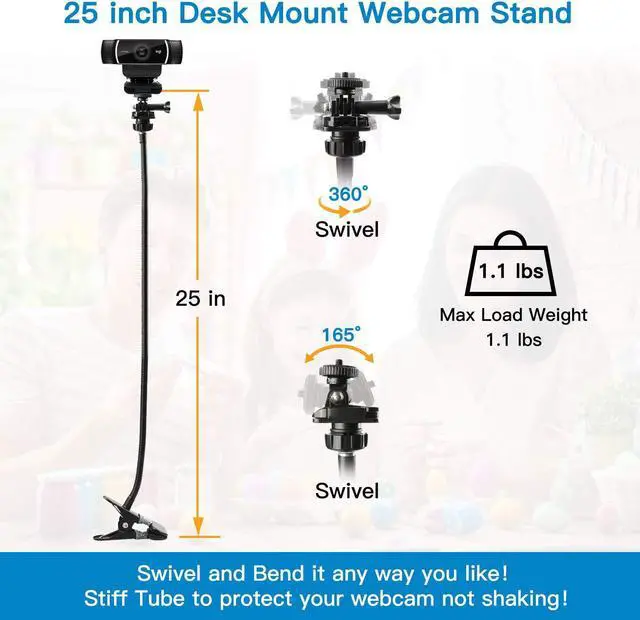 Alt view image 3 of 7 - Bailink 25 Inch Webcam Stand, Flexible Desk Mount Clamp Gooseneck Stand compatible with Logitech Webcam C960 C930e C930 C920 C920S C922x C922 Brio 4K 360 Go pro and Other Devices with 1/4" Thread