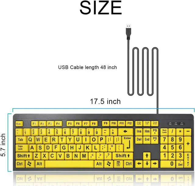 Alt view image 3 of 7 - Bailink Large Print Computer Keyboard, Wired USB High Contrast Keyboard with Oversized Print Letters for Visually Impaired Low Vision Individuals,Seniors, Students, Computer Beginners (Yellow+Black)