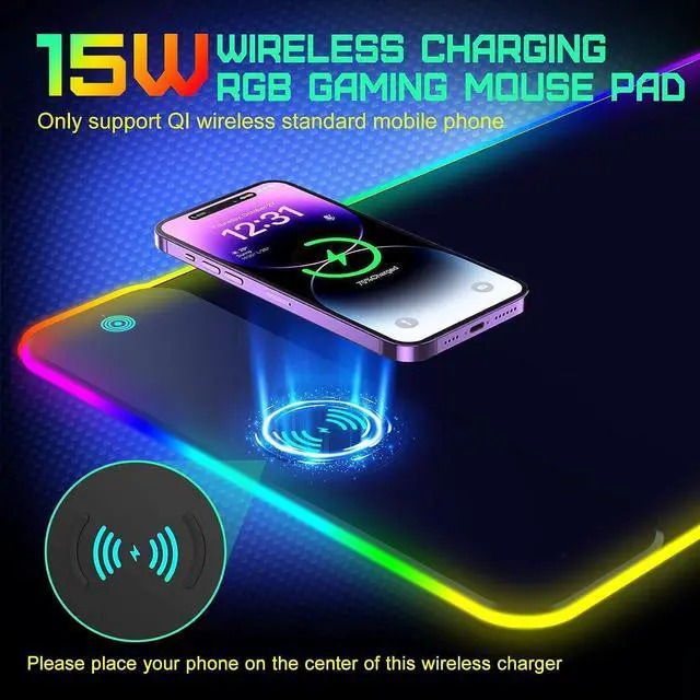 Alt view image 4 of 7 - Bailink Wireless Charging RGB Gaming Mouse Pad 15W, LED Mouse Mat 800x300x4MM, 17 Light Modes Extra Large Mousepad Non-Slip Rubber Base Computer Keyboard Mat for Gaming, MacBook, PC, Laptop, Desk