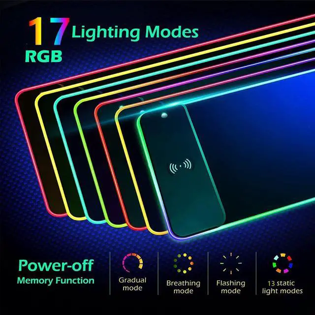 Alt view image 3 of 7 - Bailink Wireless Charging RGB Gaming Mouse Pad 15W, LED Mouse Mat 800x300x4MM, 17 Light Modes Extra Large Mousepad Non-Slip Rubber Base Computer Keyboard Mat for Gaming, MacBook, PC, Laptop, Desk