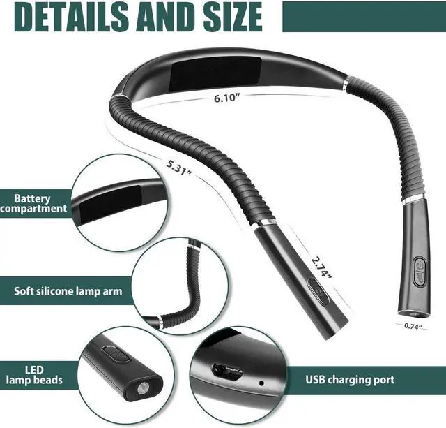 Alt view image 3 of 6 - Bailink 2024 Updated LED Neck Book Light,Hands Free Rechargeable 3 Colors & Stepless Dimming, Flexible Bendable Arms, and Long-Lasting Performance Book Light for Reading in Bed - Black