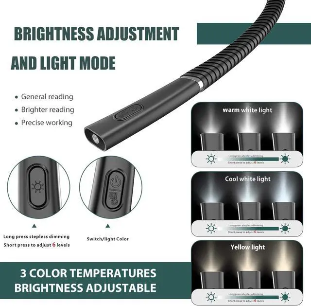 Alt view image 4 of 6 - Bailink 2024 Updated LED Neck Book Light,Hands Free Rechargeable 3 Colors & Stepless Dimming, Flexible Bendable Arms, and Long-Lasting Performance Book Light for Reading in Bed - Black