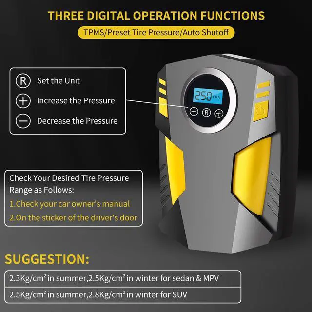 Alt view image 3 of 6 - Bailink 2025 Updated Tire Inflator Portable Air Compressor Car Tire Pump with 3 Nozzle Adaptors and Digital LED Light DC 12V Electric Car Air Pump for Car Tires and Other Inflatables Yellow/Black