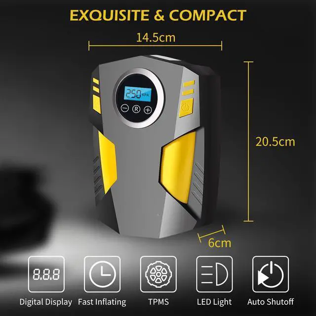 Alt view image 2 of 6 - Bailink 2025 Updated Tire Inflator Portable Air Compressor Car Tire Pump with 3 Nozzle Adaptors and Digital LED Light DC 12V Electric Car Air Pump for Car Tires and Other Inflatables Yellow/Black