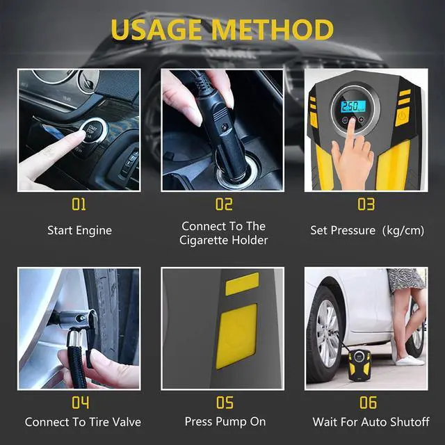 Alt view image 5 of 6 - Bailink 2025 Updated Tire Inflator Portable Air Compressor Car Tire Pump with 3 Nozzle Adaptors and Digital LED Light DC 12V Electric Car Air Pump for Car Tires and Other Inflatables Yellow/Black