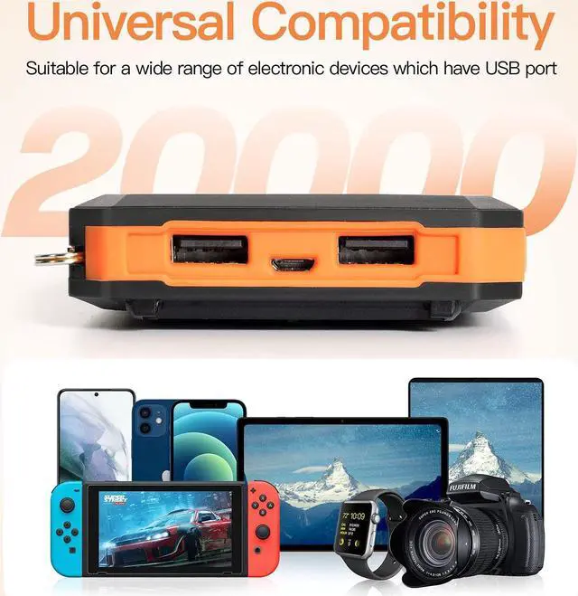 Alt view image 3 of 7 - Bailink Upgrade Solar Power Bank, Portable Charger, 20000mAh Solar Charger with Dual LED Flashlight 2 USB A Ports + USB C Port and Compass,Waterproof External Backup Battery Pack for Camping, Outdoor