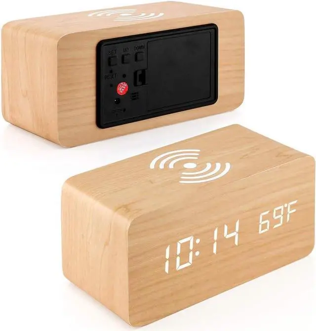 Alt view image 6 of 6 - Bailink Alarm Clock with Qi Wireless Charging Pad compatible with iPhone Samsung Wood LED Digital Clock Sound Control Function, Time Date, Temperature Display for Bedroom Office Home