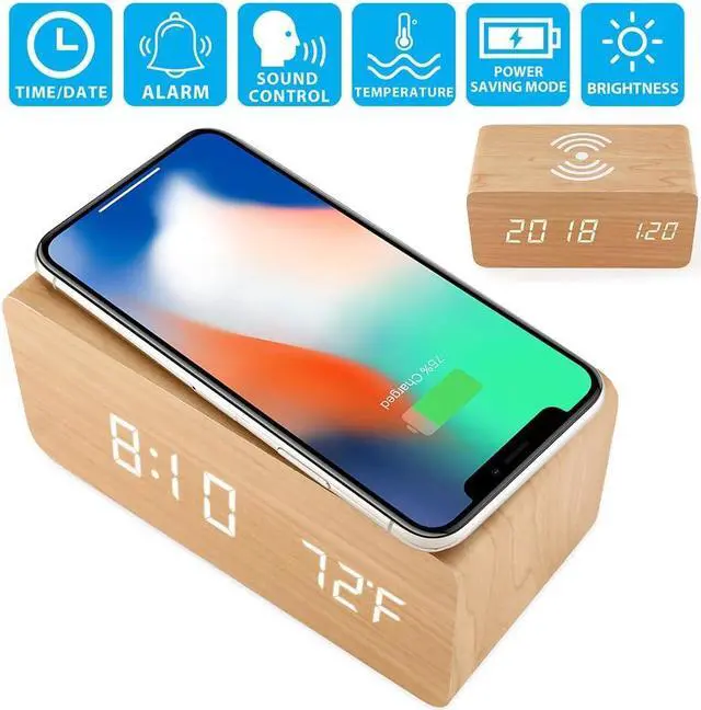 Alt view image 4 of 6 - Bailink Alarm Clock with Qi Wireless Charging Pad compatible with iPhone Samsung Wood LED Digital Clock Sound Control Function, Time Date, Temperature Display for Bedroom Office Home