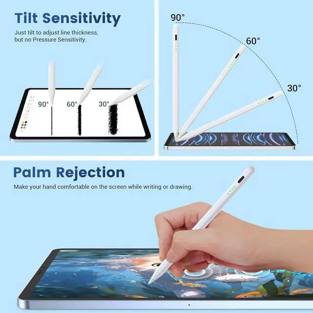 Alt view image 5 of 7 - Stylus Pencil for iPad 2018-2024, Tilt Sensitivity, Palm Rejection, Compatible with iPad 6/7/8/9/10th, iPad Mini 5/6th, iPad Pro 11/12.9", iPad Air 3/4/5/6, White
