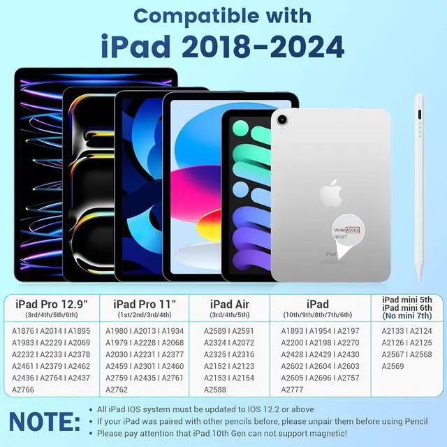 Alt view image 2 of 7 - Stylus Pencil for iPad 2018-2024, Tilt Sensitivity, Palm Rejection, Compatible with iPad 6/7/8/9/10th, iPad Mini 5/6th, iPad Pro 11/12.9", iPad Air 3/4/5/6, White