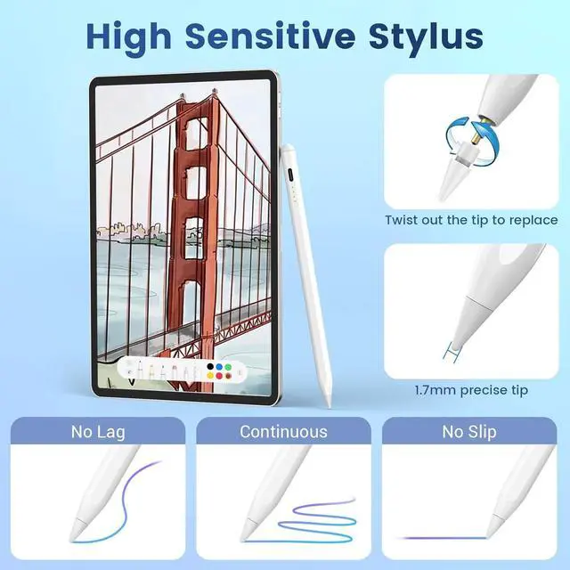 Alt view image 4 of 7 - Stylus Pencil for iPad 2018-2024, Tilt Sensitivity, Palm Rejection, Compatible with iPad 6/7/8/9/10th, iPad Mini 5/6th, iPad Pro 11/12.9", iPad Air 3/4/5/6, White