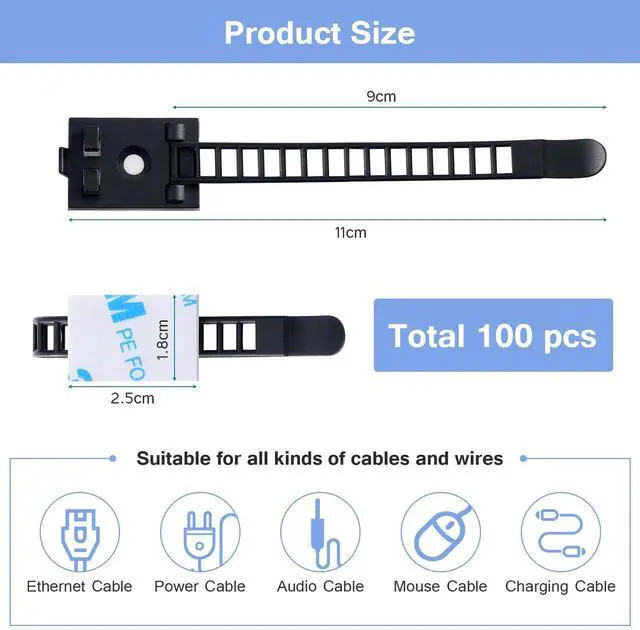 Alt view image 7 of 7 - Bailink 100PCS Adhesive Cable Ties Cable Clips, Self-adhesive Nylon Cable Straps, Adhesive Cable Management Clips for Wire Management (Black-Adhesive Cable Ties)