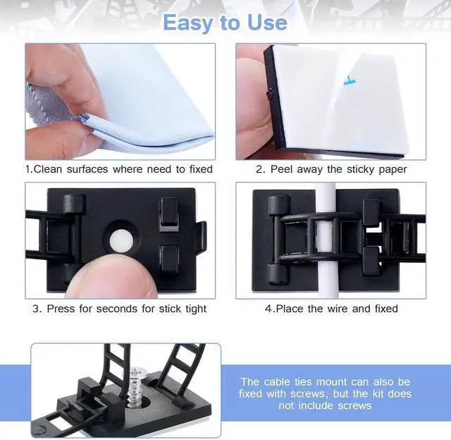 Alt view image 3 of 7 - Bailink 100PCS Adhesive Cable Ties Cable Clips, Self-adhesive Nylon Cable Straps, Adhesive Cable Management Clips for Wire Management (Black-Adhesive Cable Ties)