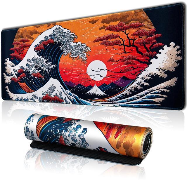 Main image of Japanese Sea Waves Large Gaming Mouse Pad for Desk, Desk Mat with Seamed Edges, Waterproof Desk Pad, Non-Slip Rubber Base, 31.5x11.8 Inch Keyboard Pad Computer Mat, Big XL Mousepad
