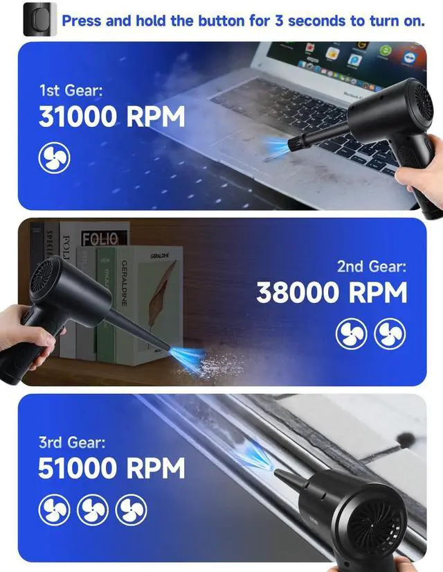 Alt view image 6 of 7 - Updated Compressed Air Duster, 3-Gear to 51000RPM Electric Air Duster Portable Air Blower with LED Light, 6000mAhRechargeable Cordless Air Duster for Computer Keyboard Fast Charge(Black)