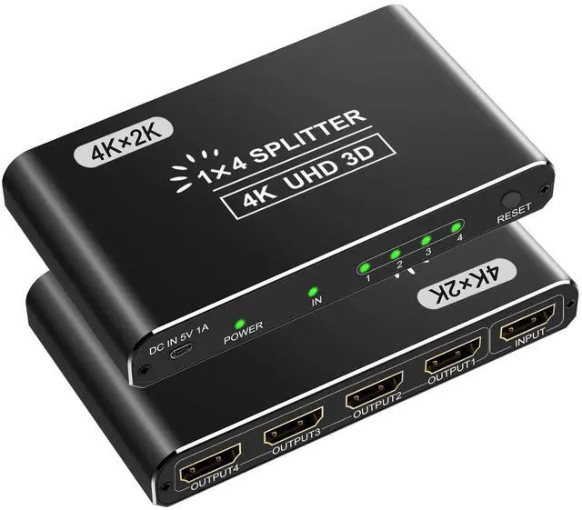 Main image of Aluminum HDMI Splitter 1 in 4 Out, 4K HDMI Splitters for Dual Monitors Supports 3D Full HD 1080P HDMI Spliter HDMI Adapter for TV Compatible for PS4 Fire Stick HDTV(1 Source to 4 Displays) Black