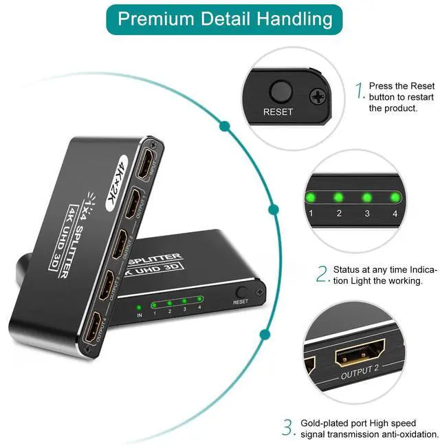 Alt view image 6 of 7 - Aluminum HDMI Splitter 1 in 4 Out, 4K HDMI Splitters for Dual Monitors Supports 3D Full HD 1080P HDMI Spliter HDMI Adapter for TV Compatible for PS4 Fire Stick HDTV(1 Source to 4 Displays) Black