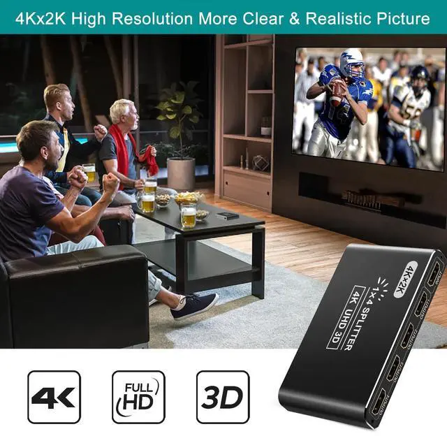 Alt view image 2 of 7 - Aluminum HDMI Splitter 1 in 4 Out, 4K HDMI Splitters for Dual Monitors Supports 3D Full HD 1080P HDMI Spliter HDMI Adapter for TV Compatible for PS4 Fire Stick HDTV(1 Source to 4 Displays) Black