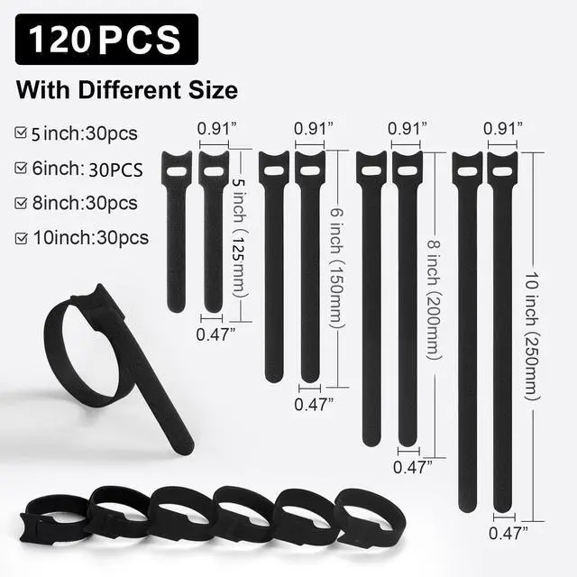 Alt view image 2 of 7 - 120PCS Reusable Cable Ties, 5+6+8+10 inch Cable Ties for Cable Management, Adjustable Fastening Cable Ties Nylon Cable Ties, Multi-Purpose Reusable Hook and Loop for Home, Office and Garage,Black