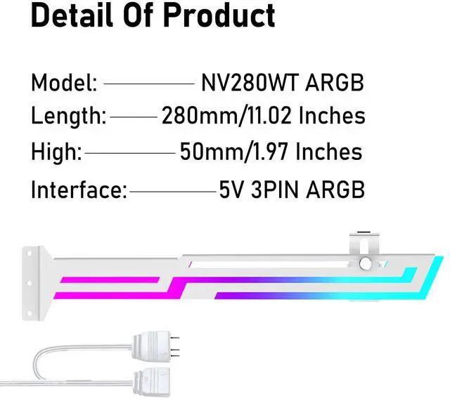 Alt view image 6 of 7 - Bailink ARGB GPU Support Bracket, RGB GPU Brace Support, 5V 3Pin addressable GPU Holder, 5v 3pin ARGB GPU sag Support Video Card sag Holder, Adjustable Length and Height gpu Bracket Support (White)