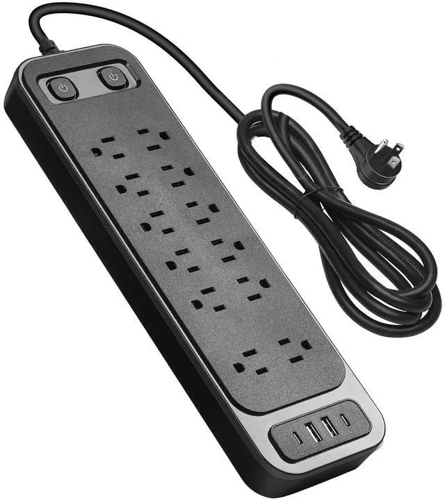 Main image of High Performance Power Strip with Surge Protector, Extension Cord with Multiple Outlets, 12 Outlets 4 USB Ports(2 USB-C) 6 Ft for Home Office, two independent switches Surge Protector Power Strip