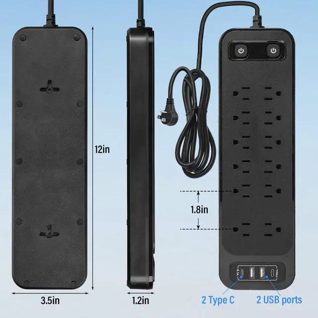 Alt view image 2 of 6 - High Performance Power Strip with Surge Protector, Extension Cord with Multiple Outlets, 12 Outlets 4 USB Ports(2 USB-C) 6 Ft for Home Office, two independent switches Surge Protector Power Strip