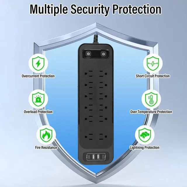 Alt view image 5 of 6 - High Performance Power Strip with Surge Protector, Extension Cord with Multiple Outlets, 12 Outlets 4 USB Ports(2 USB-C) 6 Ft for Home Office, two independent switches Surge Protector Power Strip