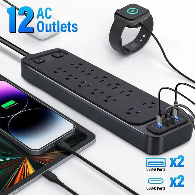 Alt view image 3 of 6 - High Performance Power Strip with Surge Protector, Extension Cord with Multiple Outlets, 12 Outlets 4 USB Ports(2 USB-C) 6 Ft for Home Office, two independent switches Surge Protector Power Strip