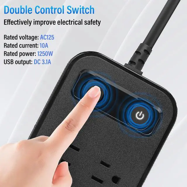 Alt view image 4 of 6 - High Performance Power Strip with Surge Protector, Extension Cord with Multiple Outlets, 12 Outlets 4 USB Ports(2 USB-C) 6 Ft for Home Office, two independent switches Surge Protector Power Strip