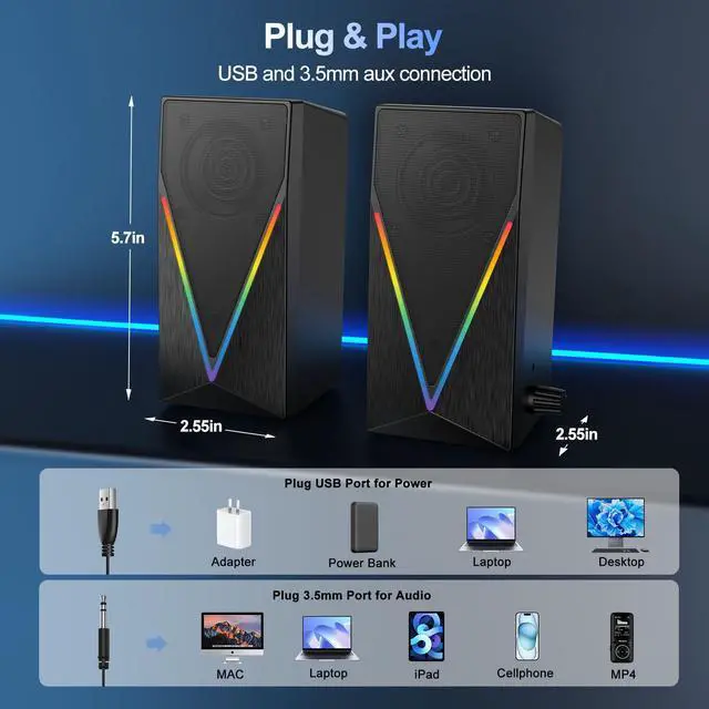 Alt view image 2 of 7 - Computer Speakers, Desktop Speakers with 6 Colorful RGB Lights, Headphone Jack, Enhanced Bass and Volume Control, PC Speakers USB Powered & 3.5mm Aux Gaming Speakers for Laptop Monitor PC Tablet Phone