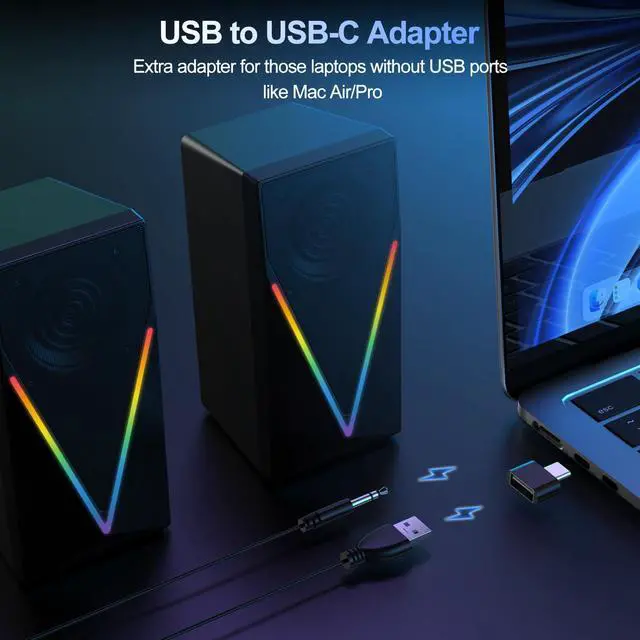 Alt view image 6 of 7 - Computer Speakers, Desktop Speakers with 6 Colorful RGB Lights, Headphone Jack, Enhanced Bass and Volume Control, PC Speakers USB Powered & 3.5mm Aux Gaming Speakers for Laptop Monitor PC Tablet Phone