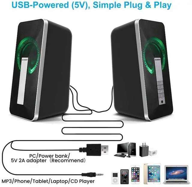 Alt view image 3 of 7 - High Performance Computer Speakers, 10W Wired and Bluetooth 5.0 Speaker with Enhanced Stereo Bass Colorful LED Light, Dual-Channel Multimedia Speakers for PC Desktop Laptop Tablet Smartphones MP4 MP3
