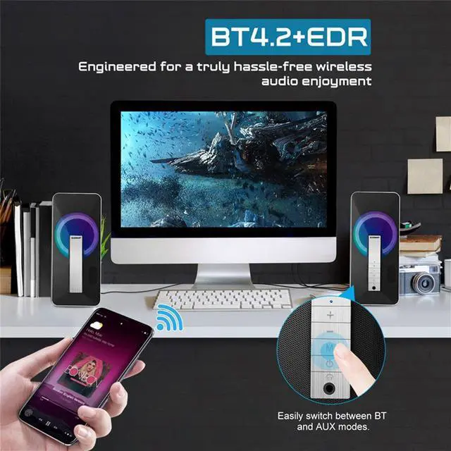 Alt view image 5 of 7 - High Performance Computer Speakers, 10W Wired and Bluetooth 5.0 Speaker with Enhanced Stereo Bass Colorful LED Light, Dual-Channel Multimedia Speakers for PC Desktop Laptop Tablet Smartphones MP4 MP3