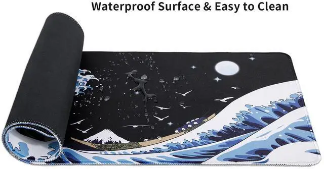 Alt view image 3 of 7 - Japanese Sea Waves Large Gaming Mouse Pad for Desk, Desk Mat with Seamed Edges, Waterproof Desk Pad, Non-Slip Rubber Base, 31.5x11.8 Inch Keyboard Pad Computer Mat, Big XL Japanese Anime Mousepad