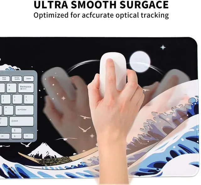 Alt view image 6 of 7 - Japanese Sea Waves Large Gaming Mouse Pad for Desk, Desk Mat with Seamed Edges, Waterproof Desk Pad, Non-Slip Rubber Base, 31.5x11.8 Inch Keyboard Pad Computer Mat, Big XL Japanese Anime Mousepad