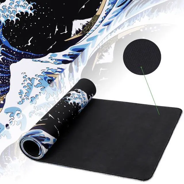 Alt view image 4 of 7 - Japanese Sea Waves Large Gaming Mouse Pad for Desk, Desk Mat with Seamed Edges, Waterproof Desk Pad, Non-Slip Rubber Base, 31.5x11.8 Inch Keyboard Pad Computer Mat, Big XL Japanese Anime Mousepad