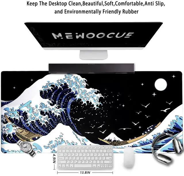 Alt view image 2 of 7 - Japanese Sea Waves Large Gaming Mouse Pad for Desk, Desk Mat with Seamed Edges, Waterproof Desk Pad, Non-Slip Rubber Base, 31.5x11.8 Inch Keyboard Pad Computer Mat, Big XL Japanese Anime Mousepad