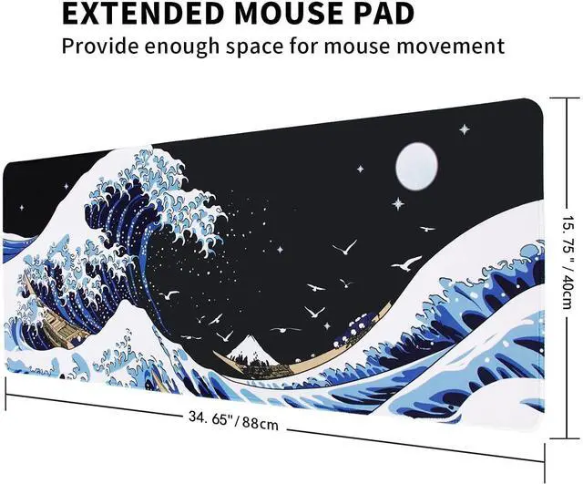 Alt view image 7 of 7 - Japanese Sea Waves Large Gaming Mouse Pad for Desk, Desk Mat with Seamed Edges, Waterproof Desk Pad, Non-Slip Rubber Base, 31.5x11.8 Inch Keyboard Pad Computer Mat, Big XL Japanese Anime Mousepad