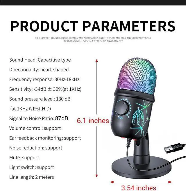 Alt view image 6 of 7 - Bailink Gaming Microphone, USB Computer Microphone for PC, Mac, PS4/5, Condenser Podcast Mic for Studio Recording, YouTube, Streaming, with Headphone Jack, Led Light, Mute, Gain, Noise Cancellation