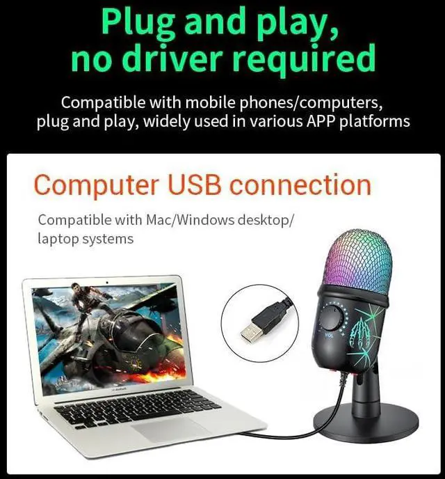 Alt view image 5 of 7 - Bailink Gaming Microphone, USB Computer Microphone for PC, Mac, PS4/5, Condenser Podcast Mic for Studio Recording, YouTube, Streaming, with Headphone Jack, Led Light, Mute, Gain, Noise Cancellation
