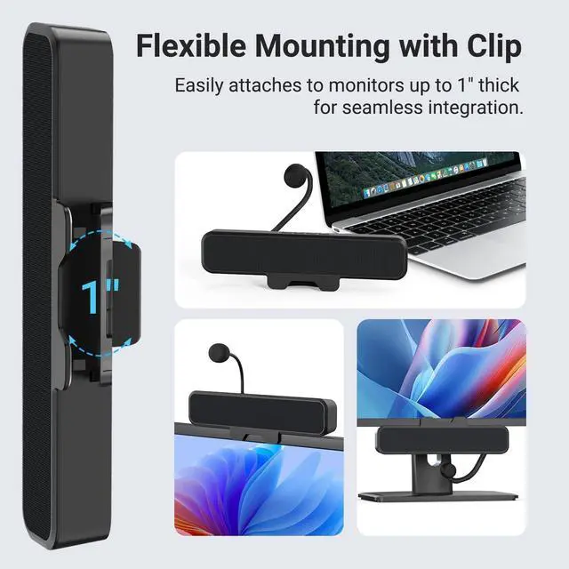 Alt view image 2 of 7 - Computer Speakers with Microphone for Desktop PC,USB Monitor Speakers with Clip, Wired Laptop Sound Bar, Stereo & Bass, PC Speaker w/Mic for Meeting/Gaming/Online Learning, Easily Clamps to Monitor