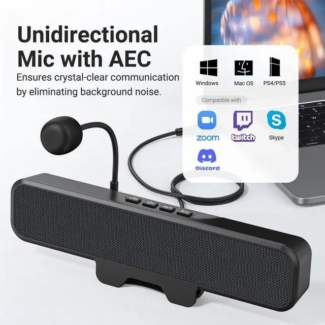 Alt view image 3 of 7 - Computer Speakers with Microphone for Desktop PC,USB Monitor Speakers with Clip, Wired Laptop Sound Bar, Stereo & Bass, PC Speaker w/Mic for Meeting/Gaming/Online Learning, Easily Clamps to Monitor