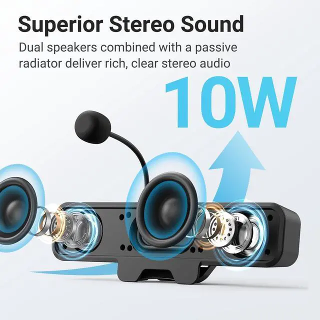 Alt view image 4 of 7 - Computer Speakers with Microphone for Desktop PC,USB Monitor Speakers with Clip, Wired Laptop Sound Bar, Stereo & Bass, PC Speaker w/Mic for Meeting/Gaming/Online Learning, Easily Clamps to Monitor