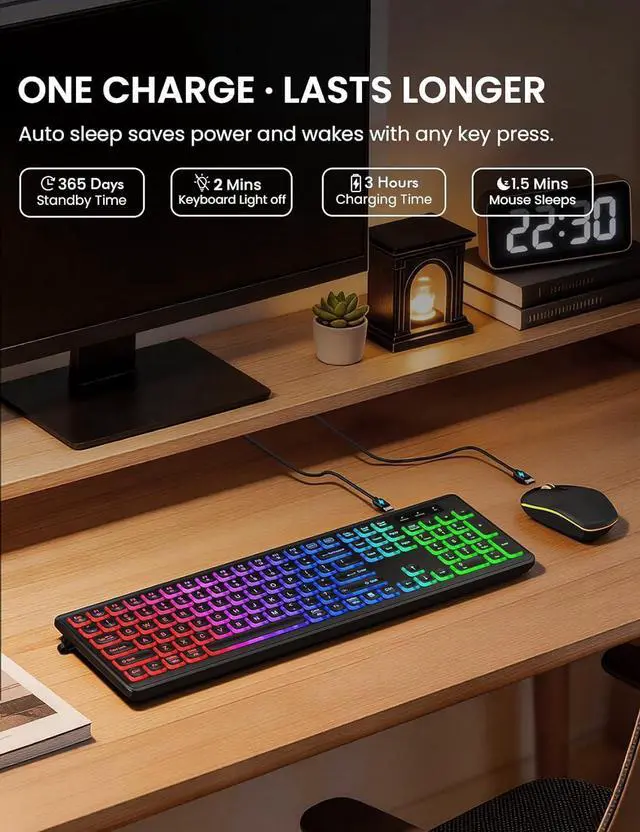 Alt view image 4 of 7 - Bailink Updated Wireless Keyboard and Mouse Combo, RGB Backlit, Rechargeable & Light Up Letters, Full-Size, Soft Typing, Sleep Mode, 2.4GHz Quiet Keyboard Set for Mac, Windows, Laptop, PC, Black