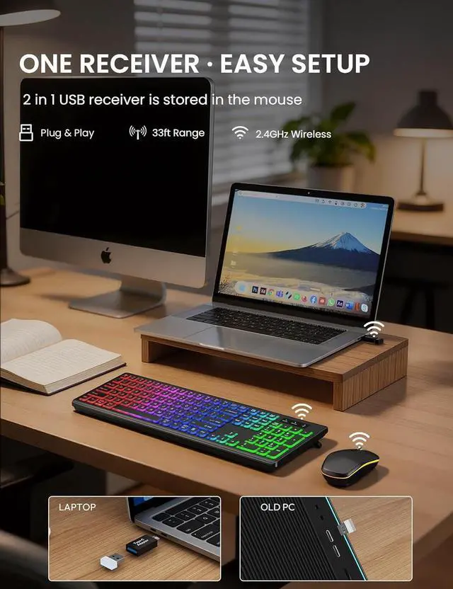Alt view image 6 of 7 - Bailink Updated Wireless Keyboard and Mouse Combo, RGB Backlit, Rechargeable & Light Up Letters, Full-Size, Soft Typing, Sleep Mode, 2.4GHz Quiet Keyboard Set for Mac, Windows, Laptop, PC, Black