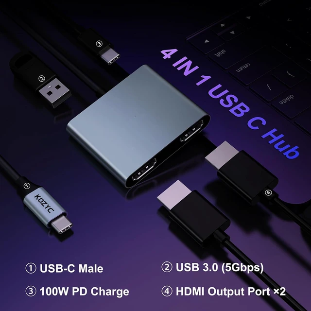 Alt view image 2 of 7 - USB C to Dual HDMI Adapter 4K@30Hz, Bailink USB C Hub Multiport Adapter with 2xHDMI, USB 3.0, 100W PD, Support USB C to HDMI Splitter Extended Display for MacBook Pro (MST is not Supported on MacOS)