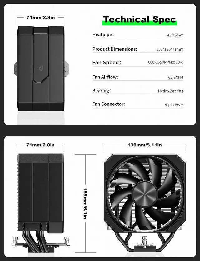 Alt view image 7 of 7 - CPU Air Cooler with 4X6mm Heat Pipes,120mm Fan CPU Cooler 1650rmp,CPU Cooler AMD AM5/AM4/AM3 Series,CPU Air Cooler 6.1 Height Compatible with Intel LGA 1700/1851/1155/1156/2011/2066(Black)